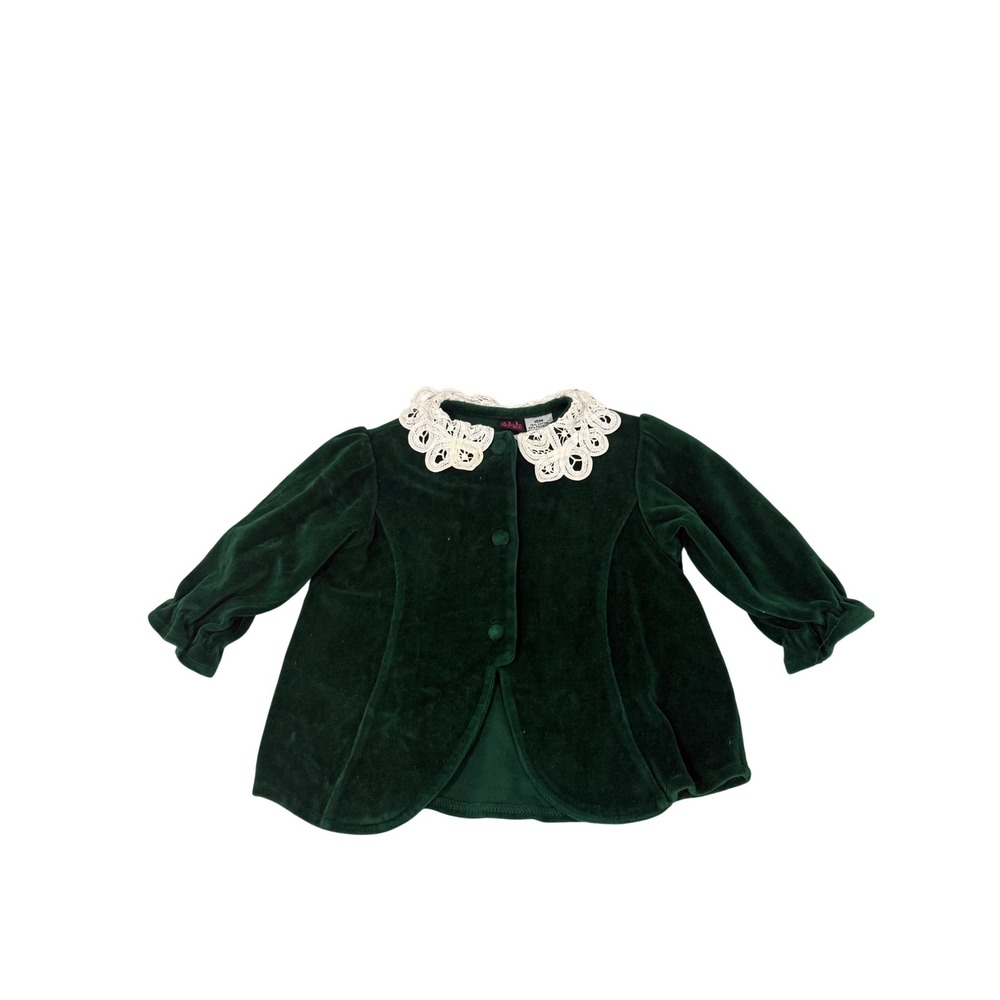 VTG All Dressed Up Kids Dark Green Velvet Lace Collar Jacket Shirt 18M Holiday